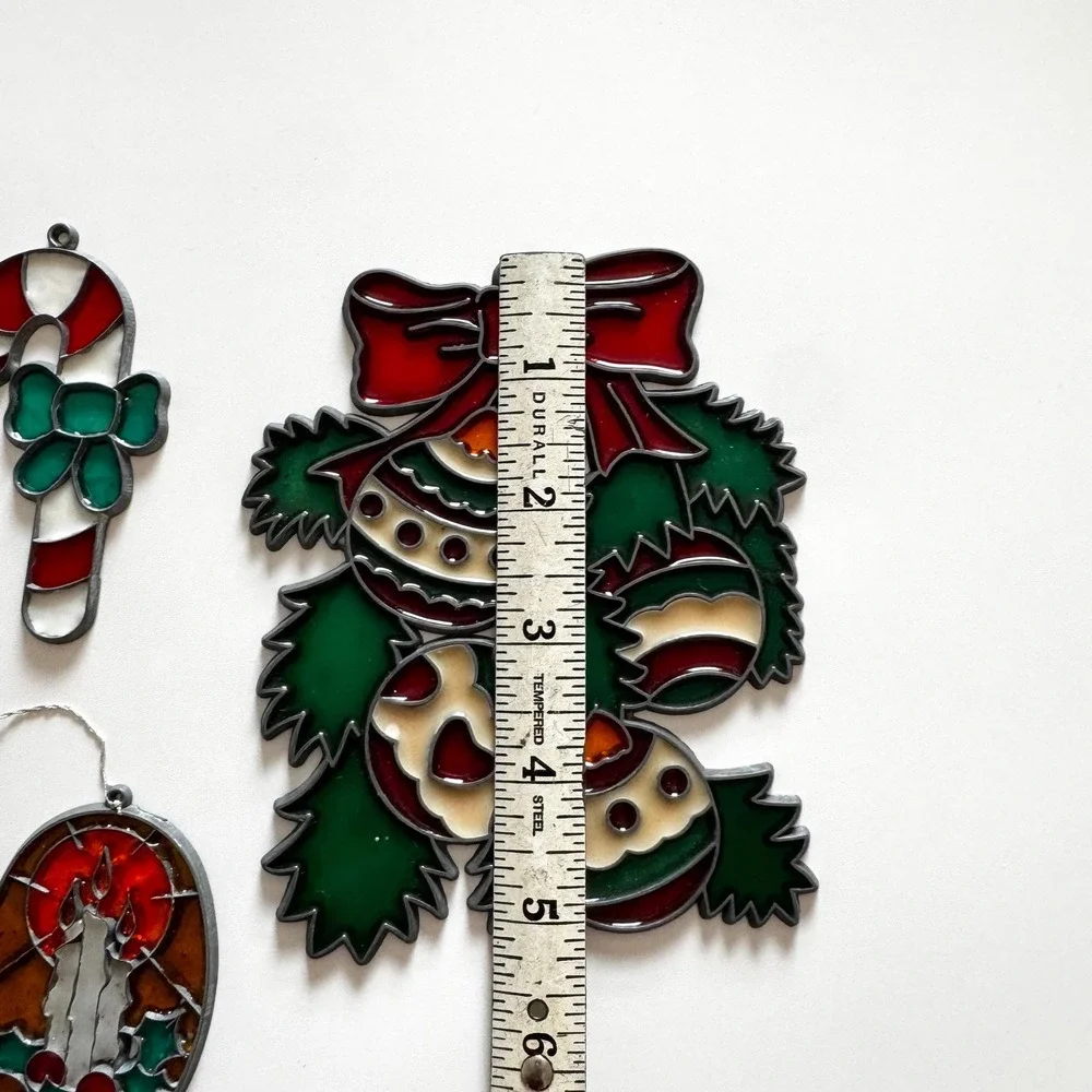 Vintage Stained Glass Christmas‎ Ornaments: Santa, Snowman, Set of 6